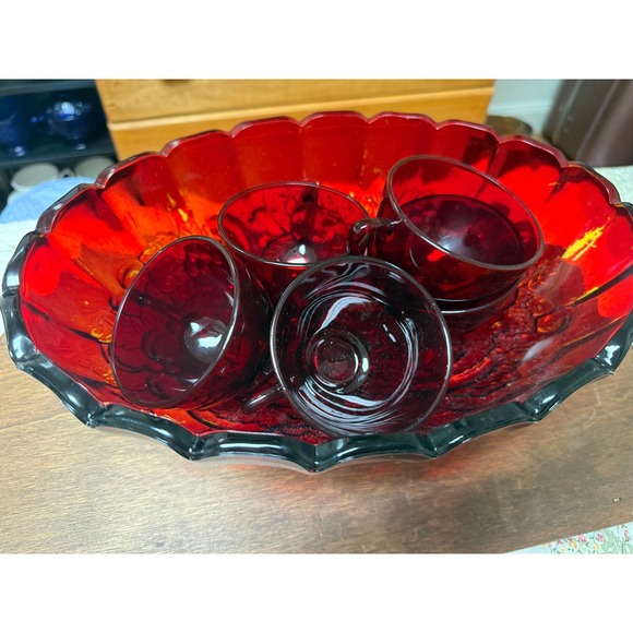 Other - Vintage Indiana Glass Ruby Red Harvest Grape Footed Punch Bowl w/ 5 cups